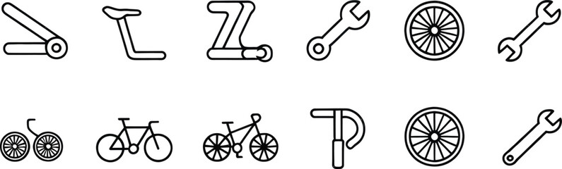 Bicycle and Scooter Icon Set – 12 Minimalist Line Icons of Bike Parts, Wheels, Tools, Scooter Frames, Bike Repair, Maintenance, Cycling Equipment, and Wheel Components