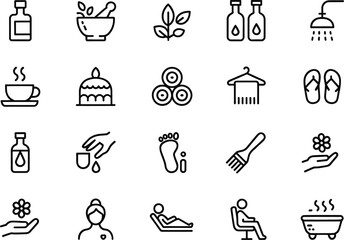 Spa and Wellness Icon Set – 20 Minimalist Line Icons of Aromatherapy, Massage, Essential Oils, Relaxation, Foot Spa, Tea, Shower, Beauty Treatments, Self-Care, and Wellness Therapy