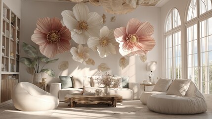 A living room with a white couch and a coffee table. The room is decorated with flowers and has a floral wallpaper