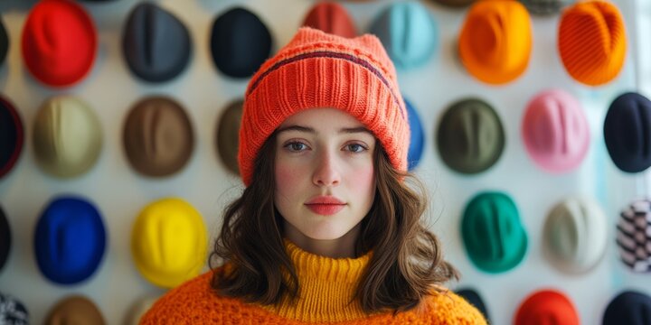 A young woman poses against a colorful wall of hats. Each hat displays vibrant colors and styles. The playful fashion captures warmth and creativity. Discover unique fashion choices. AI