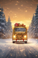 Christmas decorated car carrying gifts in a winter forest covered with snow in sunset backlight.