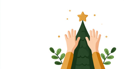 Children decorating christmas tree with star and leaf accents