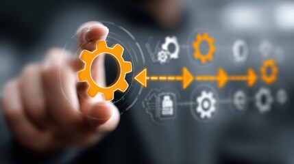 Production management conceptualization involving virtual icon interaction, demonstrating planning, control, effective management, strategy, and operational process optimization