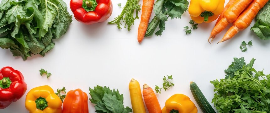 A vibrant flat lay of fresh produce featuring colorful bell peppers, carrots, and leafy greens. - Powered by Adobe