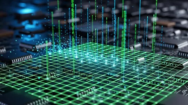 Close-up of a futuristic circuit board with glowing green data lines and digital grid.
