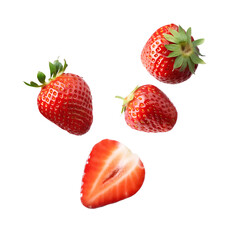 Falling strawberries isolated on transparent or white background, png