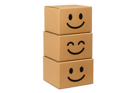 Stacked cardboard boxes displaying happy and smiling faces, representing positive delivery service and customer satisfaction