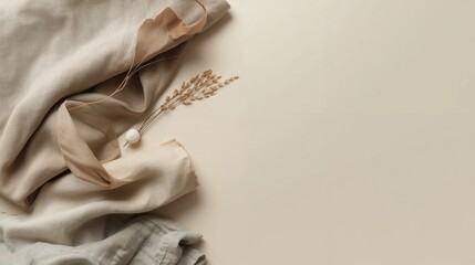 Neutral tones come together in a composition of linen fabrics and delicate sprigs of wheat.