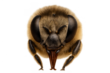 Bee head close-up macro, hairy insect detail, compound eyes, proboscis extended, transparent background