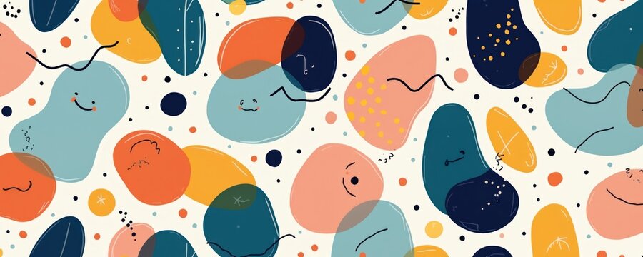 Playful abstract organic shapes and dots arranged in a seamless pattern. Vibrant colors and simple hand drawn elements create a cheerful modern design suitable for kids or retro themes.