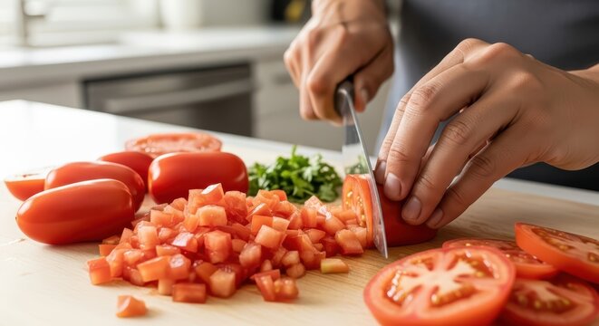 Hands chopping fresh tomatoes and herbs on cutting board for cooking