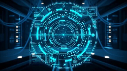 Futuristic blue glowing circular digital interface with data points and graphs in a dark high-tech server room environment. - Powered by Adobe
