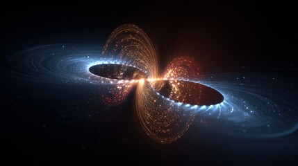 celestial object like a black hole or neutron star. It shows a swirling accretion disk and powerful jets of energy and particles shooting out along the magnetic poles in blue and orange light.