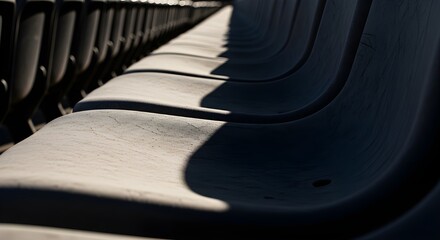 Empty stadium seating with dramatic shadows creates a sense of anticipation and potential excitement for upcoming events and thrilling experiences