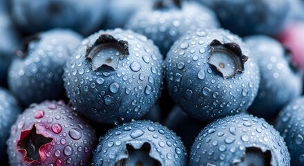 Fresh blueberries glistening with water droplets, a healthy and delicious treat, perfect for summertime desserts and vibrant food photography projects