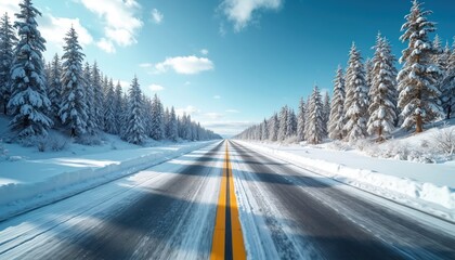Empty asphalt road with double yellow lines splits through snow covered pine forest under bright blue sky. Cold winter day suggests travel or escape.