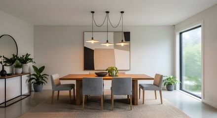 Elegant dining room with modern lighting and minimalist art offers a warm, inviting space for stylish entertaining and family gatherings at home