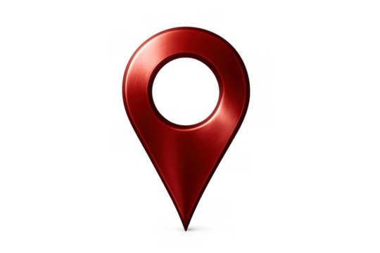 Red map marker pin icon pointing location position with metallic brushed texture, finding direction, navigation, transparent background