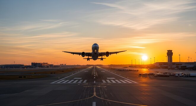 Witness a breathtaking airplane takeoff at sunset, perfect for travel blogs, aviation enthusiasts, and illustrating global connectivity beautifully