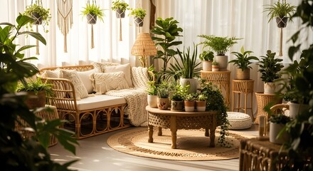 Bohemian living space with natural light and plants for a serene, organic vibe perfect for home decor and lifestyle content marketing campaigns