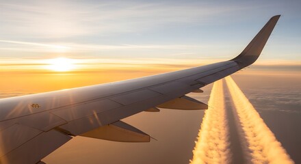 Breathtaking aerial view of airplane wing at golden sunset, flying high above the clouds with captivating contrails, perfect for travel inspiration