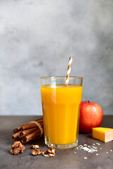 Pumpkin smoothie with apple,oat and nuts for a breakfast.
