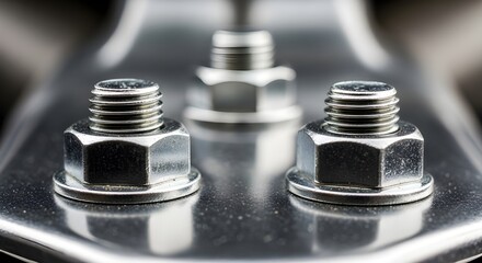 High angle close up of shiny metal bolts and nuts on a metallic surface showing industrial strength and engineering precision for modern projects
