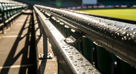 Invigorating scene of glistening water droplets on metal railings overlooking stadium seating after a refreshing rain shower in bright sunlight