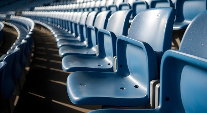 Rows of empty blue stadium seats await the fans, creating anticipation and excitement for upcoming games and events at the arena or amphitheater