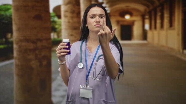 Young woman nurse in scrubs holding purple pill bottle and showing middle finger in building corridor; anger defiance.