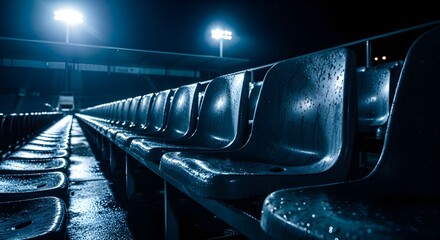 Empty stadium seats glisten after the rain, a powerful image evoking anticipation, memories, and the quiet beauty of sports arenas at night