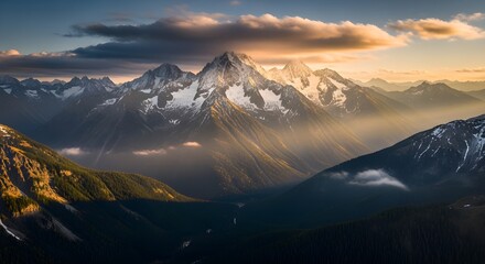 Stunning snow-capped mountains at sunset offer breathtaking views for adventure seekers and nature enthusiasts in a peaceful landscape