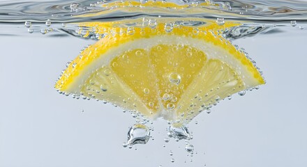 Refreshing lemon slice falling into sparkling water with vibrant bubbles creates a thirst-quenching sensation perfect for drinks and summer promotions