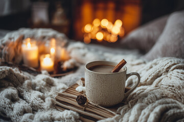 Cozy winter scene with a warm cup of coffee, cinnamon, soft knitted blankets, and glowing candles creating a serene and comforting atmosphere