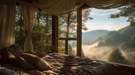 A bedroom with a large window overlooking a mountain. The curtains are white and the bed is covered in a comforter. The room has a cozy and peaceful atmosphere