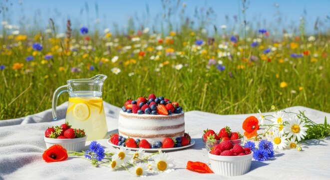 Summer picnic with cake and lemonade in a wildflower meadow