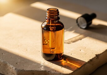 Amber glass dropper bottle filled with amber liquid casting a long shadow on a textured surface bathed in warm sunlight