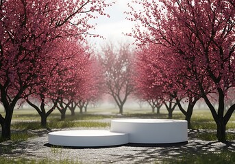 Serene blooming cherry blossom trees line a pathway with two white circular podiums for product display