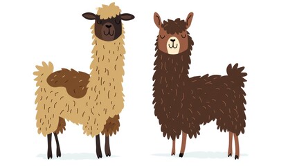 Cute cartoon alpacas with fluffy wool isolated on light background