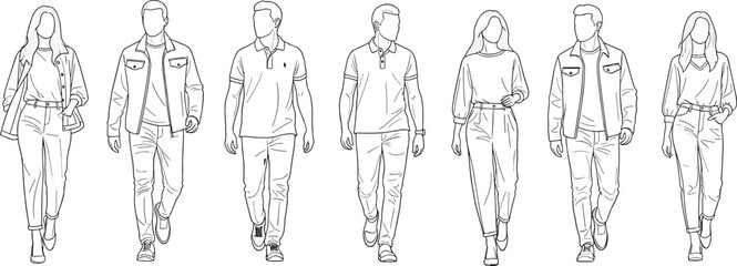 Collection of seven young men and women walking forward wearing casual fashion clothes line art vector illustration isolated on white.