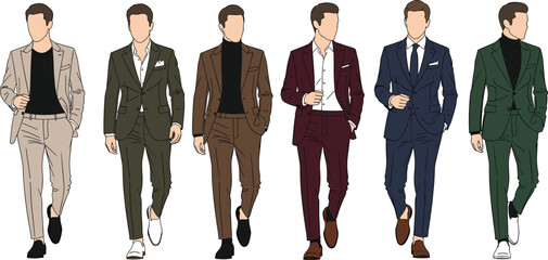 Collection of six fashionable men walking forward wearing diverse colorful formal and smart casual suits flat vector illustration.