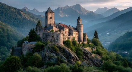 Naklejka premium Ancient castle on a green hill with mountains medieval Photo