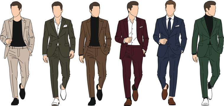 Collection of six fashionable men walking forward wearing diverse colorful formal and smart casual suits flat vector illustration.
