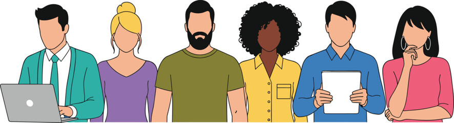 Diverse group of six young professional men and women standing together holding laptop and tablet flat vector illustration isolated.