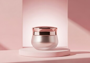 Elegant silver and rose gold cosmetic jar displayed on a pink pedestal with soft shadows and light
