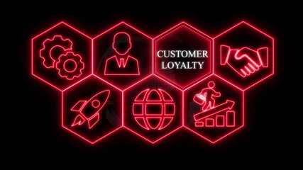Red Neon Hexagons Illustrating Customer Loyalty Business Icons And Text On Black Background concept strategy