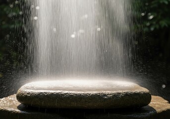 A smooth rounded stone sits illuminated by a gentle cascade of water creating a serene and tranquil natural spa like atmosphere