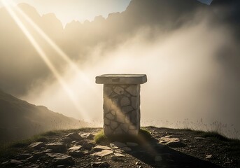 Mysterious ancient stone pedestal bathed in dramatic golden sunbeams and ethereal mist in a rocky landscape