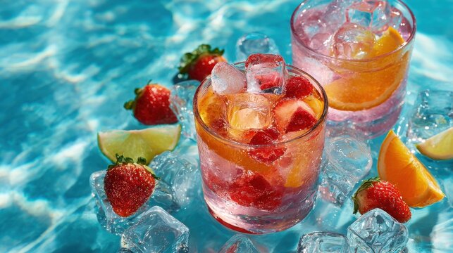 Two colorful cocktails filled with strawberries and citrus sit on ice beside a sparkling blue pool. The bright sunlight reflects off the water creating a cheerful atmosphere for relaxation.