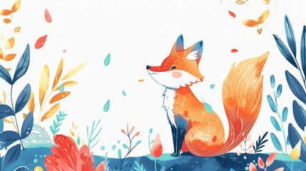 Watercolor fox with orange fur standing among colorful leaves and plants illustration